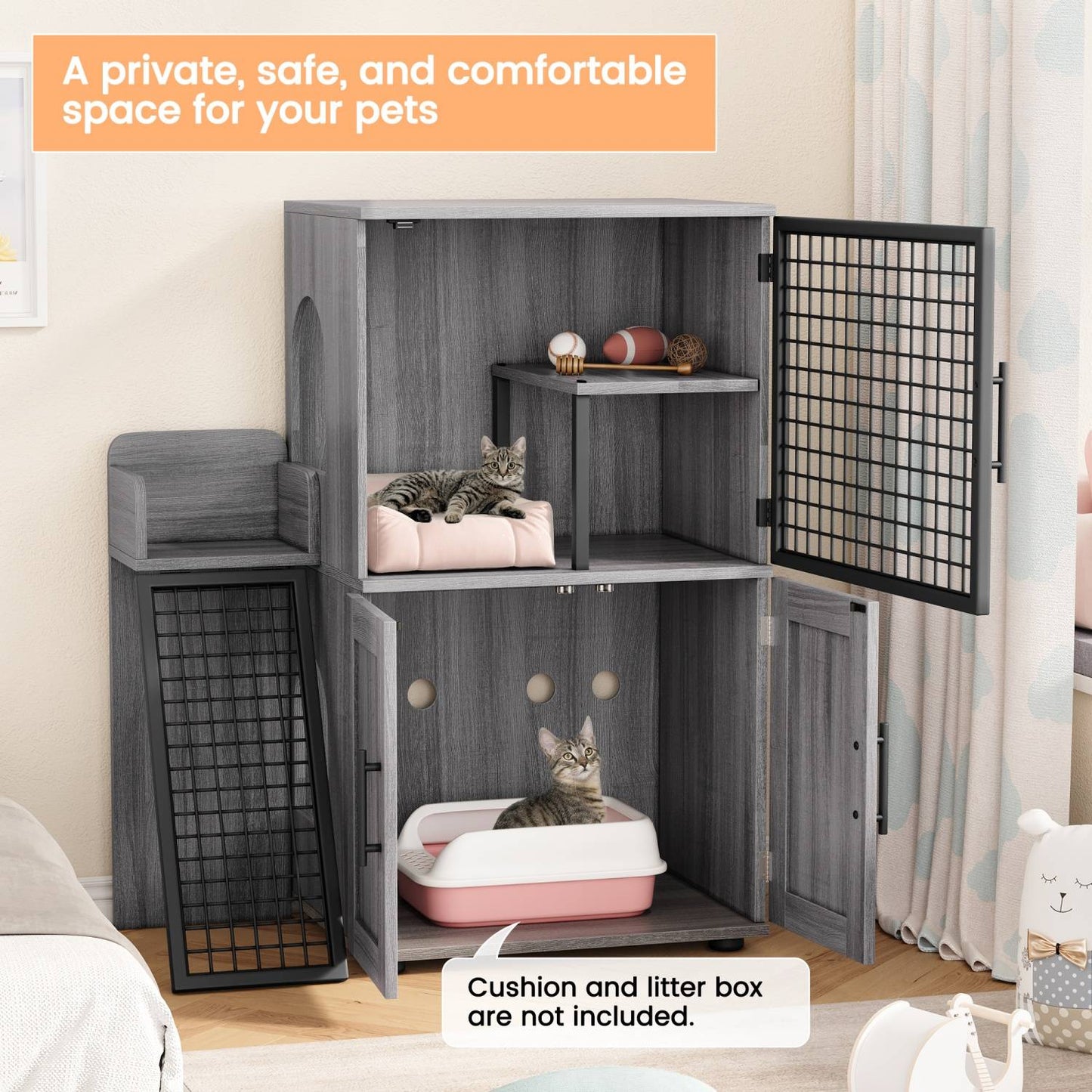 Caixa de Areia para Gatos Oculta com Plataforma, Móvel para Gatos de Camada Dupla, Móvel para Banheiro de Gatos, Casinha de Gatos com Escada