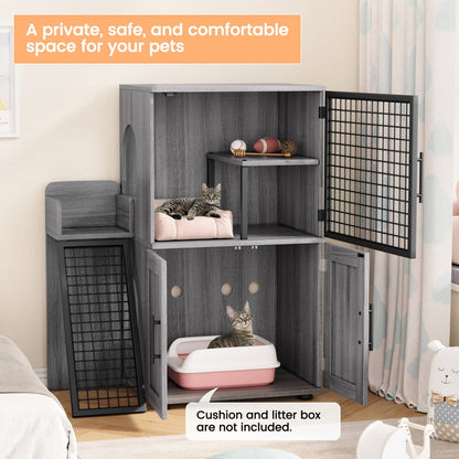 Caixa de Areia para Gatos Oculta com Plataforma, Móvel para Gatos de Camada Dupla, Móvel para Banheiro de Gatos, Casinha de Gatos com Escada