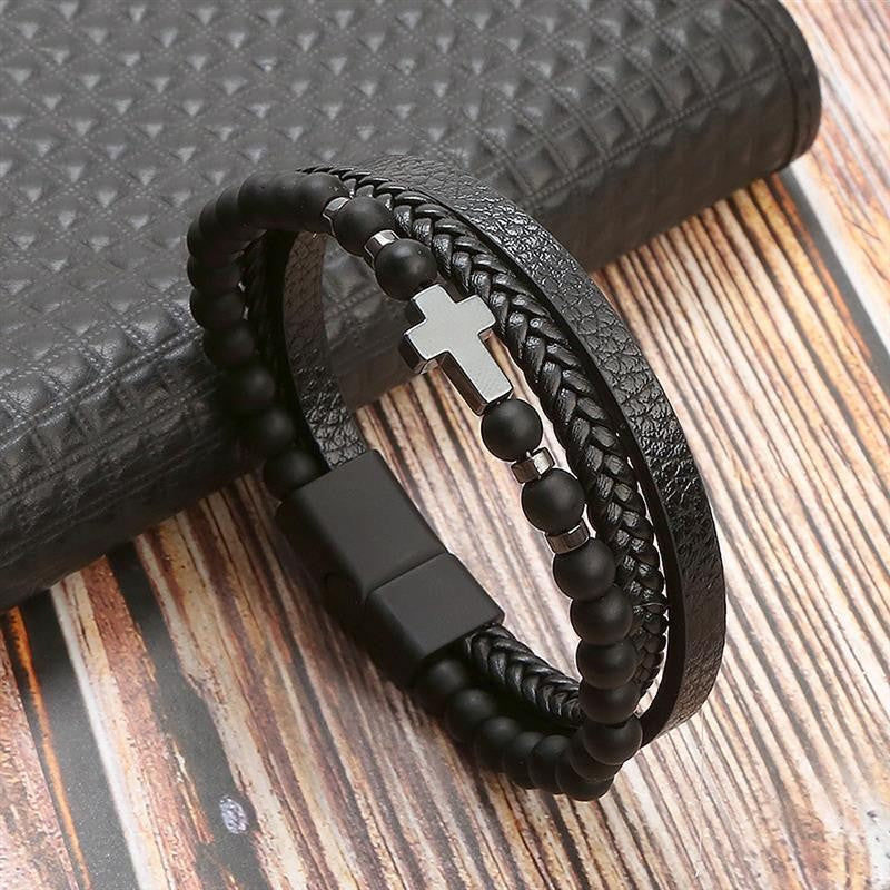 Pulseira de Couro Jiayiqi Masculina Punk Hip Hop Metal Charm Contas Olho de Tigre Pulseira Multicamadas para Homens Joia da Moda Presente