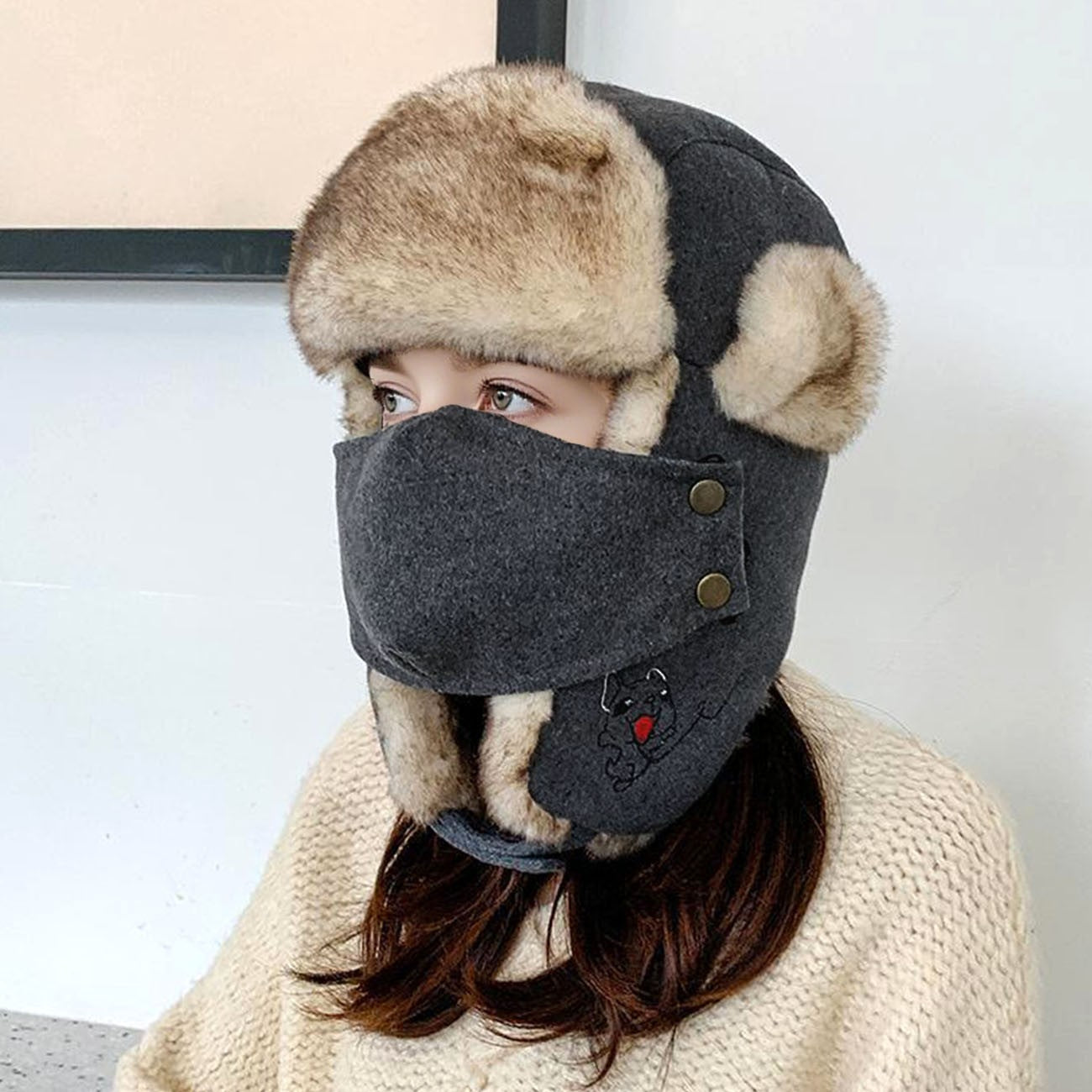 Women Winter Trooper Trapper Hat  Plush Warm Winter Hats with Removable Face Mask Earflaps Hunting Outdoor Hat Protective Warm