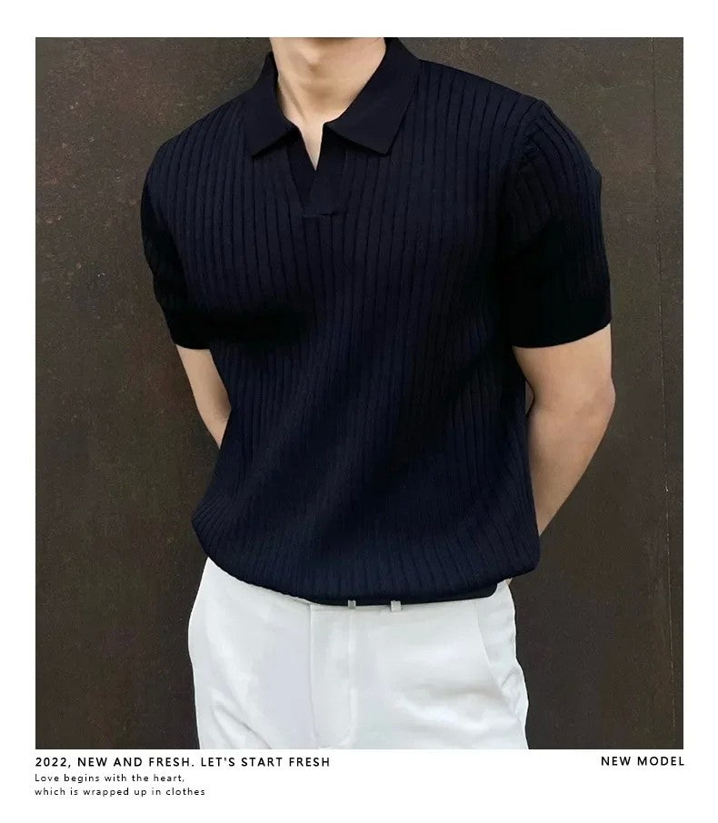 Trendy Polo Shirt For Men Summer Solid Color Top Versatile Knit Style Korean Short Sleeves Casual Fashion T-shirt