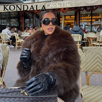 KONDALA 2025 Fall Winter Casual Faux Fur Brown Women Warm Jackets Streetwear Turn Down Collar Christmas Oversized Elegant Coats