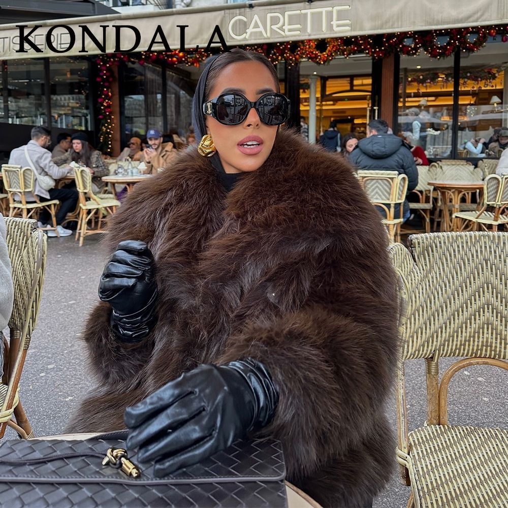 KONDALA 2025 Fall Winter Casual Faux Fur Brown Women Warm Jackets Streetwear Turn Down Collar Christmas Oversized Elegant Coats