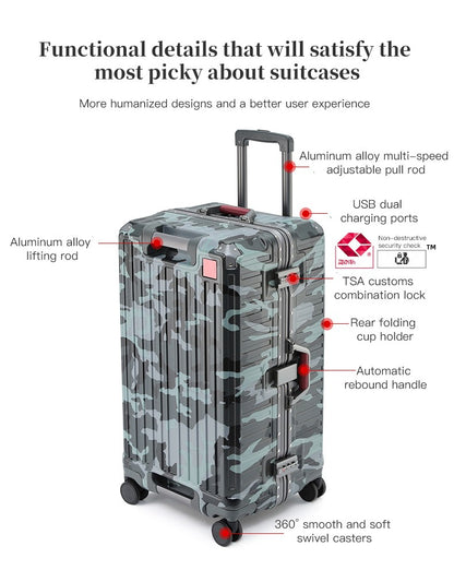 Suitcase Wide Handle Travel Suitcase Men 20 24 26 Carry-On Luggage Women PC Aluminum Frame Trolley Case