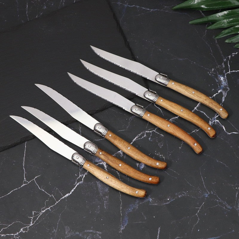 Wood Handle Laguiole Steak Knives Set Sharp Serrated Blade Dinner Knife Cutlery Stainless Steel Table Knives Kitchen 6/8/12pcs