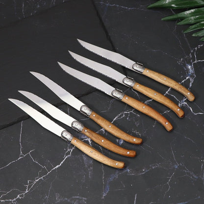 Wood Handle Laguiole Steak Knives Set Sharp Serrated Blade Dinner Knife Cutlery Stainless Steel Table Knives Kitchen 6/8/12pcs