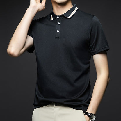 Men's Fashion Solid Short Sleeved Striped Lapel Polo Shirt Summer Breathable Comfortable Top
