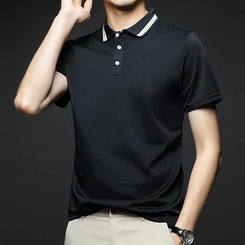 Men's Fashion Solid Short Sleeved Striped Lapel Polo Shirt Summer Breathable Comfortable Top