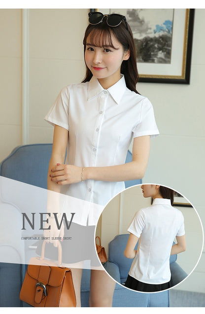 Korean Fashion White Shirt Women Autumn Short Sleeve Blouse Slim Office Lady Tops Women's Shirt S-5XL Student Shirt Women's Wear