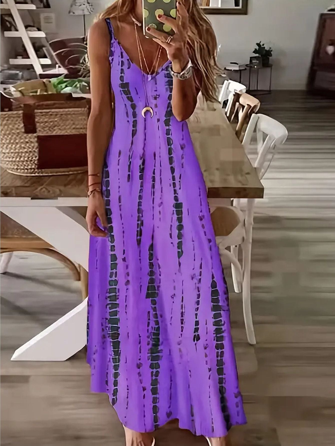 Women's Casual Loose V-neck Tie Dye Printed Spaghetti Maxi Dress Summer Beach Va
