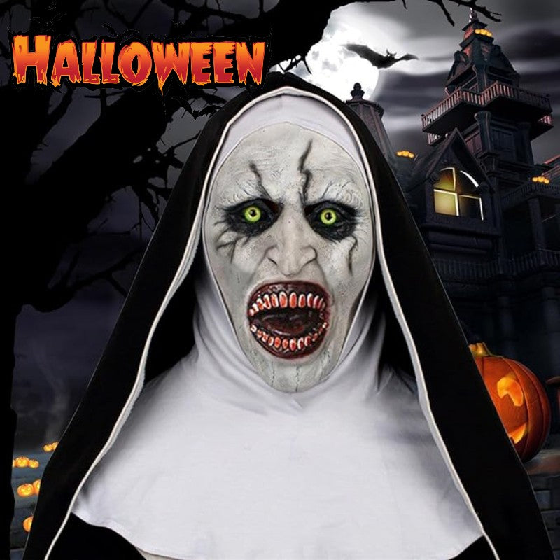 Bloody Scary Nun Mask Horror Cosplay Latex Demon Ghost Face Mask with Headscarf Halloween Party Costume Accessory