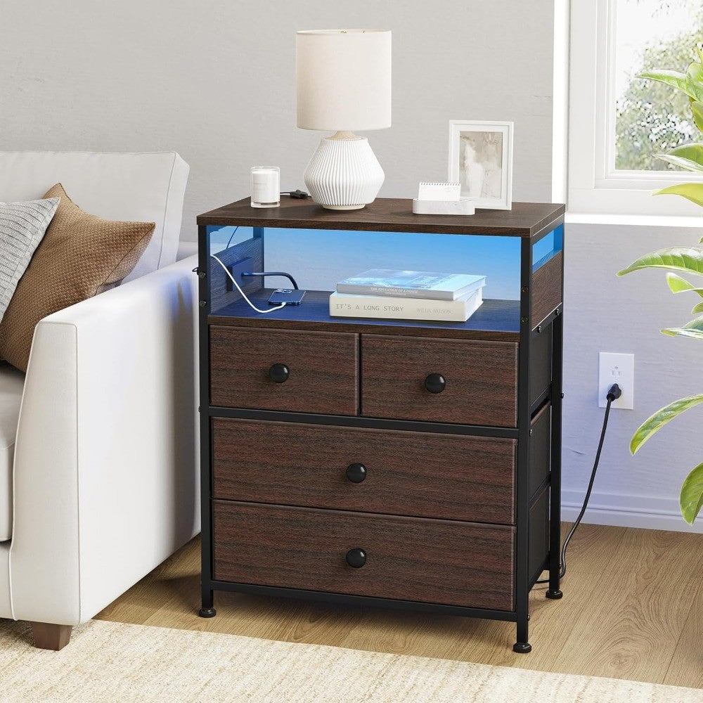 Nightstand with Charging Station, Bedside Table with 4 Drawers and 2-Tier Shelf, Modern End Table with Wooden Top for Bedroom