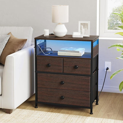 Nightstand with Charging Station, Bedside Table with 4 Drawers and 2-Tier Shelf, Modern End Table with Wooden Top for Bedroom