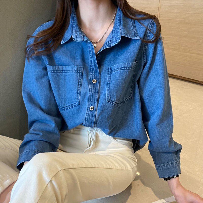 Lucyever Blue Denim Shirt Women 2023 Autumn New Single-Breasted Jeans Blouses Female Pockets Loose Fashion Lapel Cowboy Blusas