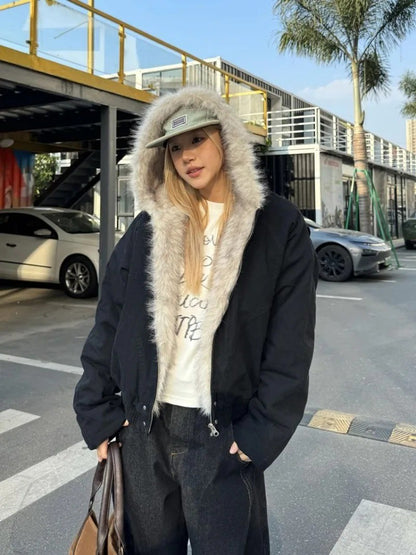 American Street Fur Collar Zipper Hooded Jacket Women Autumn Winter Retro New Velvet Thickened Warm Fashion Loose Casual Jacket
