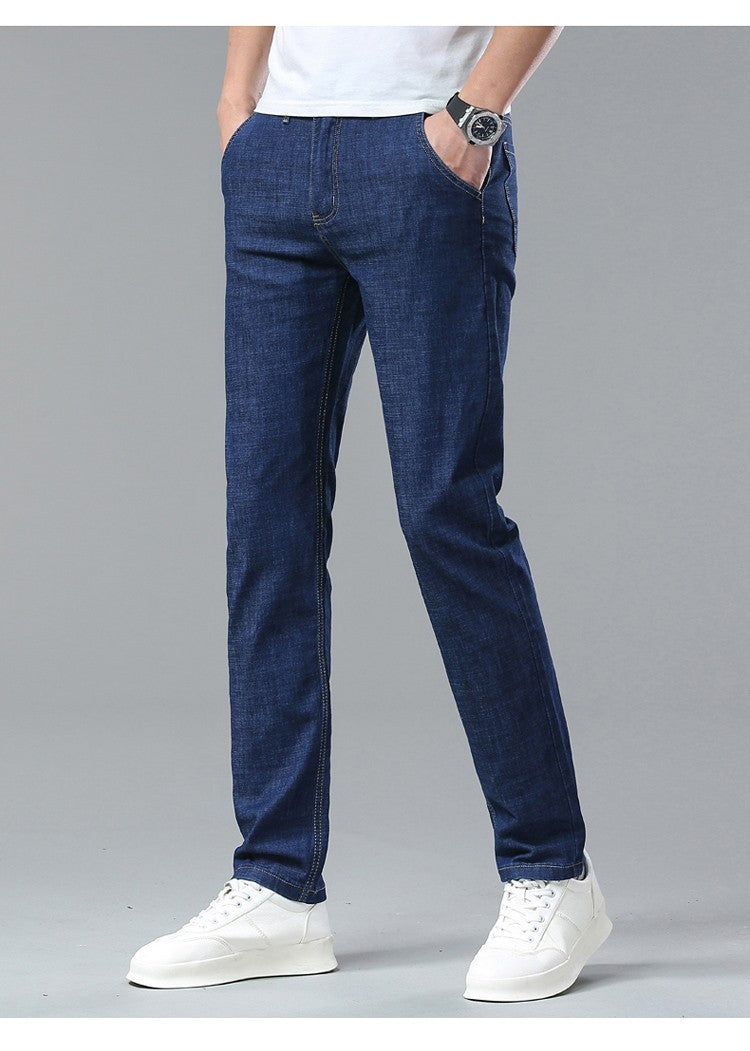 Light Blue Classic Business Casual Cotton Pants Fashion Breathable Denim Elastic Trousers Brand Men's Clothing Straight Jeans