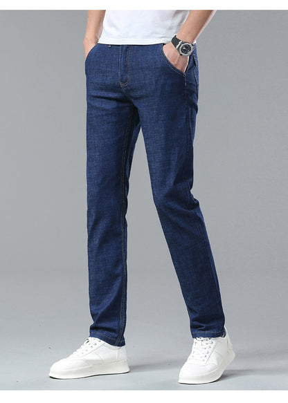 Light Blue Classic Business Casual Cotton Pants Fashion Breathable Denim Elastic Trousers Brand Men's Clothing Straight Jeans