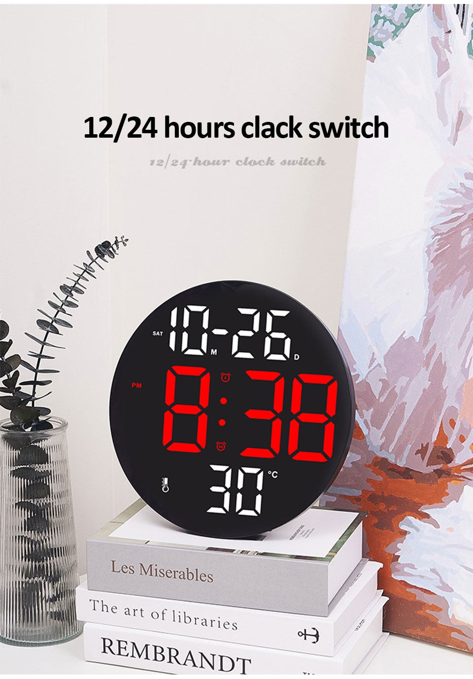 10inch LED Large Digital Wall Clock with Dual Alarms Calendar and Temperature Display Brightness Adjustable Countdown Home Clock