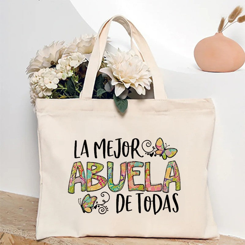 Spanish Abuela Quote Tote Bag Vibrant Shoulder Handbag with Heart Ribbon Design Perfect for Mother’s Day & Grandma Appreciation
