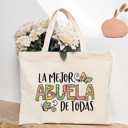 Spanish Abuela Quote Tote Bag Vibrant Shoulder Handbag with Heart Ribbon Design Perfect for Mother’s Day & Grandma Appreciation