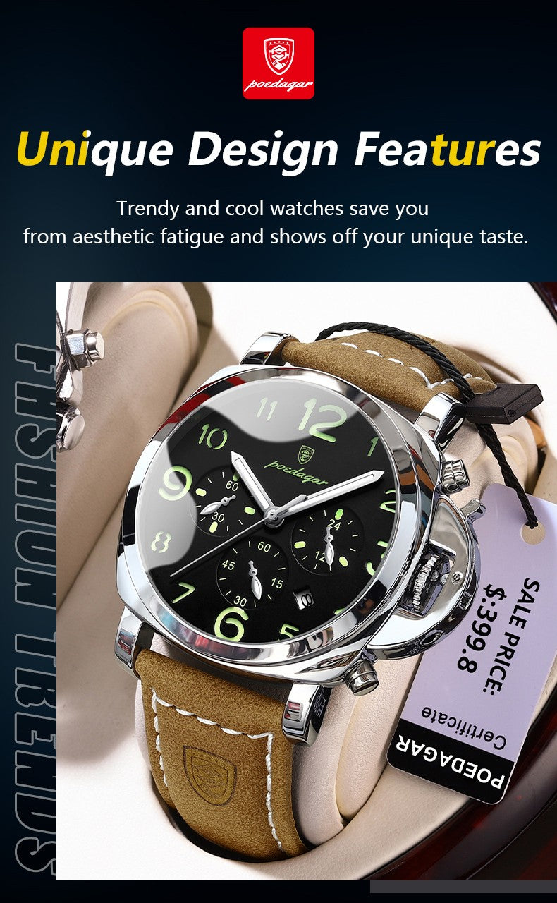 POEDAGAR Luxury Military Watch For Men Waterproof Luminous Leather Man Watch Quartz High Quality Men's Sports Watches Male Reloj
