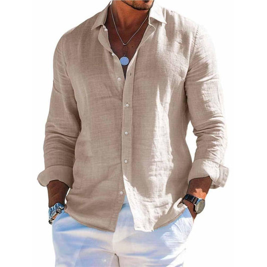 Men's tops long sleeve new style shirt cotton linen cool solid color loose lapel casual beach style cardigan spring and summer