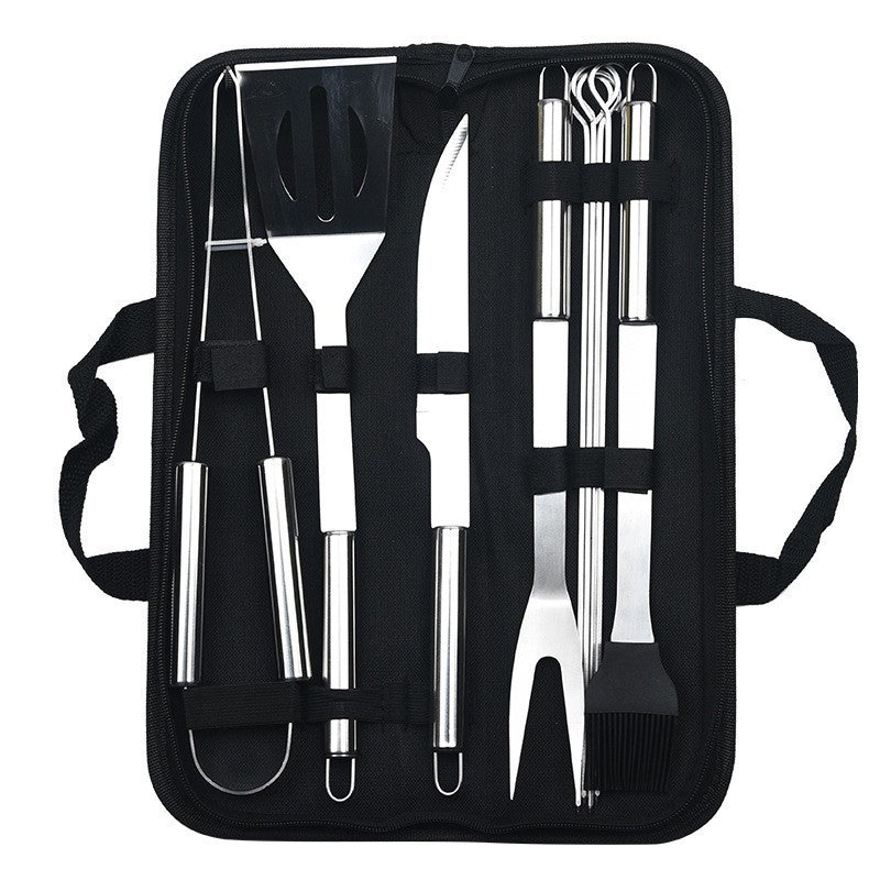 9pcs Portable BBQ tool Kit Outdoor Grill barbecue set Barbecue Set Spatula Clip Skewer With Storage Cloth Bag Grilling Tools