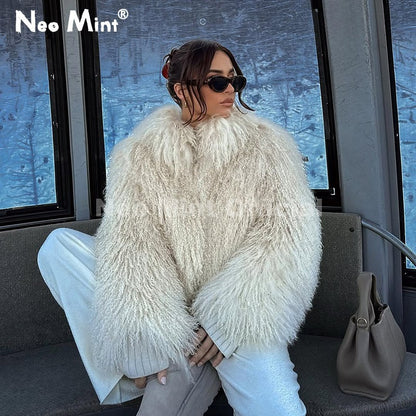 Neo Mint Iconic Blogger Fashion Faux Mongolia Sheep Fur Coat Women 2025 Winter Fluffy Warm Fur Jacket Chic Street Girl Outerwear