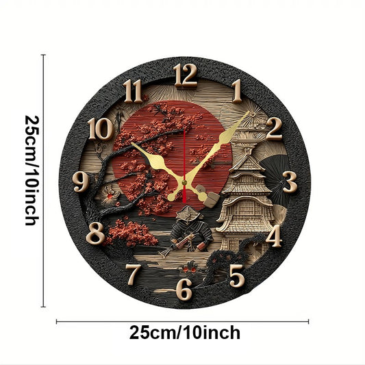 Samurai Themed Wooden Round Silent Hanging Wall Clock, Suitable For Living Room, Office, Study Room, Bedroom, Home Decoration