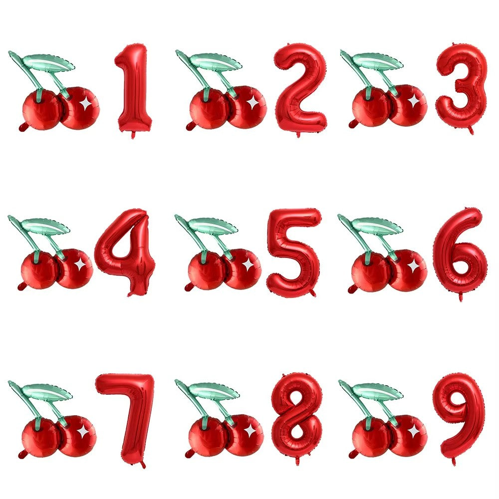 2pcs Cherry Foil Balloons with 32inch Red Number Balloon for Summer Fruit Theme Kids Birthday Baby Shower Party Decoration