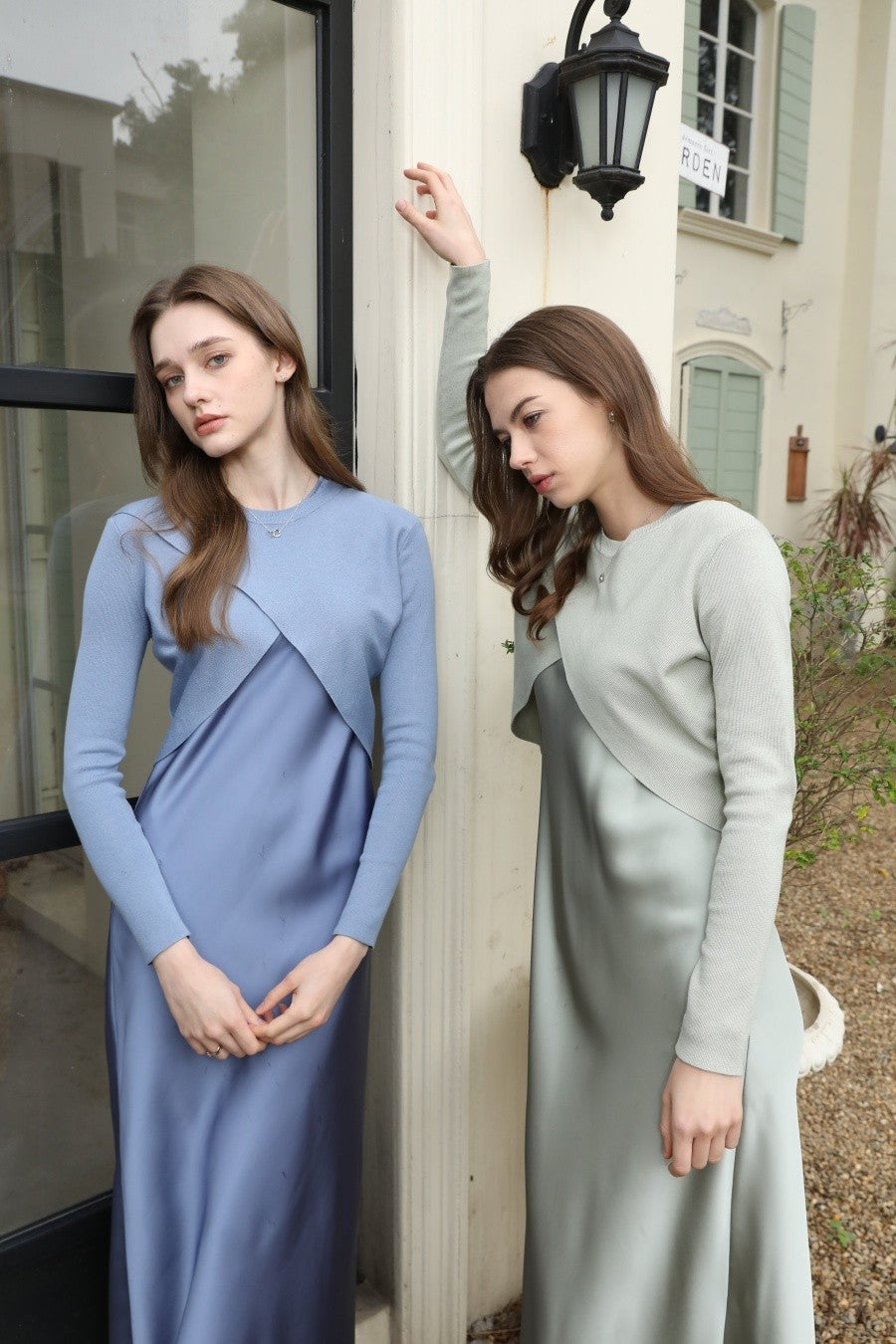 AS 2025 spring summer elegance satin dress + knitted top match set maxi floor le