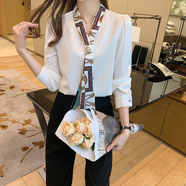 H Han Queen Spring Chiffon Simple Office Lady Blouse Female Shirt Bow Tops Long Sleeve Casual Korean OL Loose Blouses Women