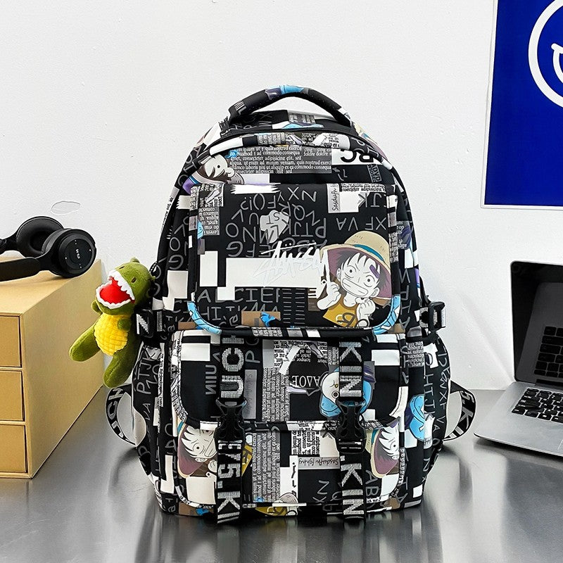 Anime Male and Female High-capacity One Piece Luffy Graffiti Printed Backpack for Middle High Students School Bag