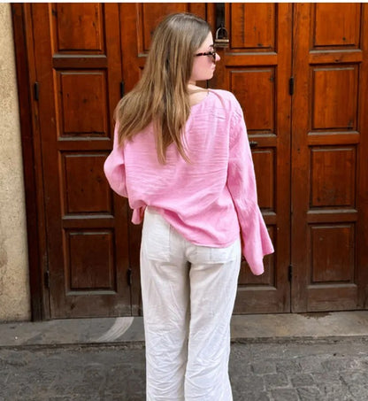 C.NEW S 2024 Spring New Female Street Tops Green Linen Lace Up Long Sleeve For Women Fashion Chic Casual Loose V Neck Shirt