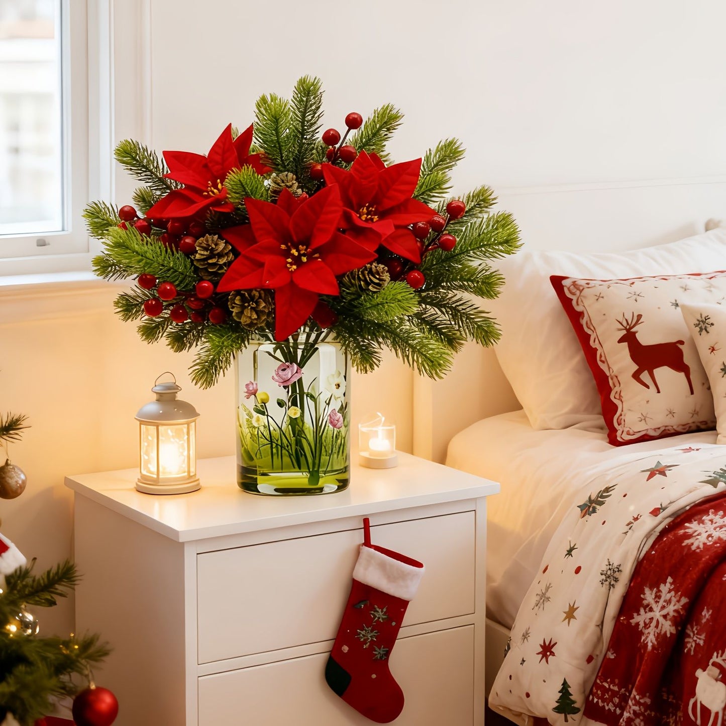 5Pcs 36cm Christmas Poinsettia Picks, Velvet Red Floral Stems with Pine Berries Pine Cones, Fake Xmas Flowers for Vase Table Decoration