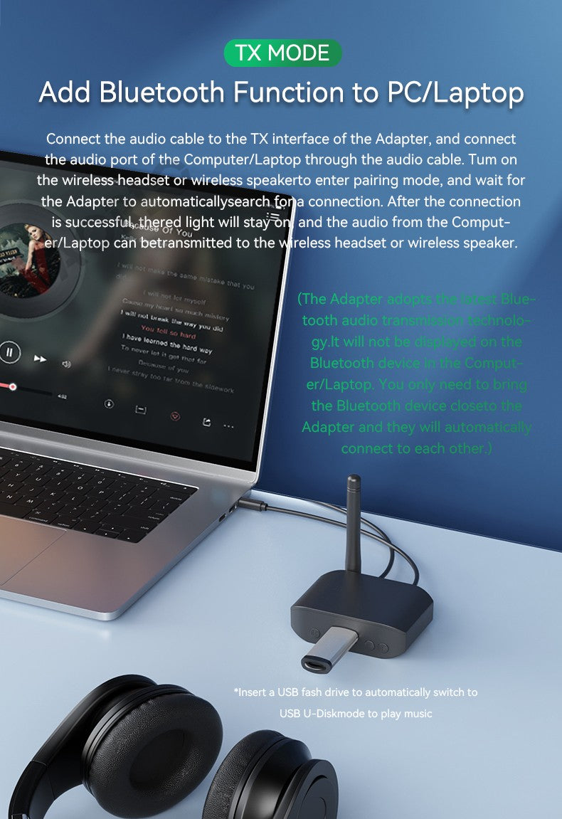 3 IN 1 Bluetooth 5.3 Audio Transmitter Receiver USB U-Disk Play 3.5mm AUX Stereo Music Wireless Adapter For Car PC TV Speaker