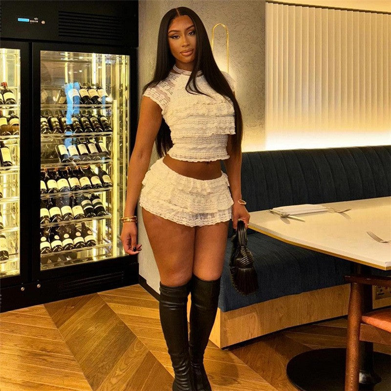 2025 New Fashion Sweet Temperament Solid Color Lace Spice Girl Pleated Low Waist Navel Shorts Femininity Sexy