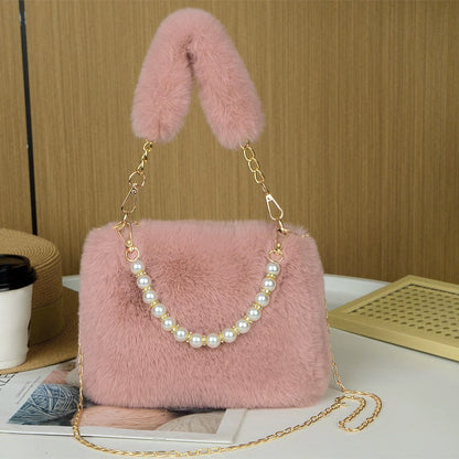 Fashionable Pearl Rabbit Fur Velvet Handbag Women's Crossbody Bag Chain Design Autumn Winter Small Versatile Bag Elegant