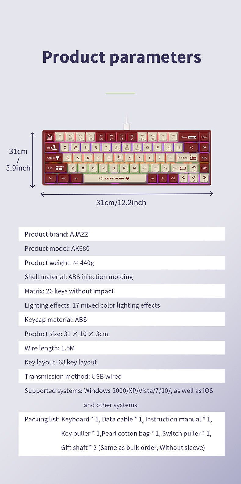 AJAZZ AK680 Teclado Mecânico para Jogos Tecla ABS 68 Teclas Teclado Bluetooth Sem Fio com Fio Troca a Quente Gasket Personalizado para Pc Laptop