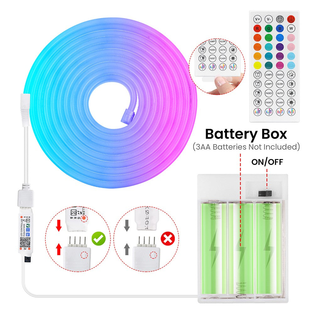 DC5V RGB LED Neon Light AA Battery Powered Bluetooth LED Strip SMD2835 IP65Waterproof Rating 108Leds/m With a remote control