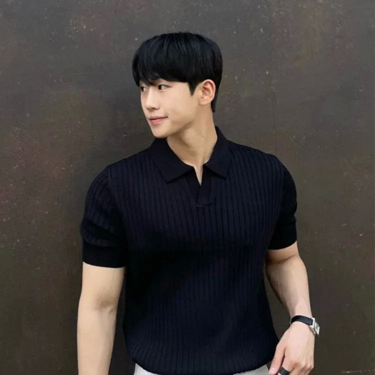 Trendy Polo Shirt For Men Summer Solid Color Top Versatile Knit Style Korean Short Sleeves Casual Fashion T-shirt