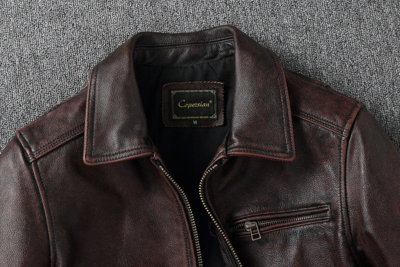 2025 New 1930s-Style Heavy Wash Leather Jacket for Men - Stone-Aged Vintage Distressed Full-Grain Cowhide Biker Coat