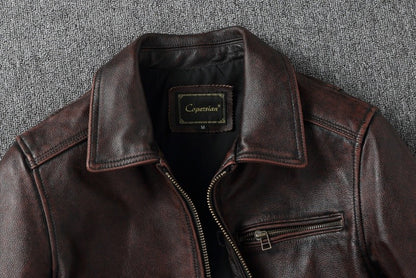 2025 New 1930s-Style Heavy Wash Leather Jacket for Men - Stone-Aged Vintage Distressed Full-Grain Cowhide Biker Coat