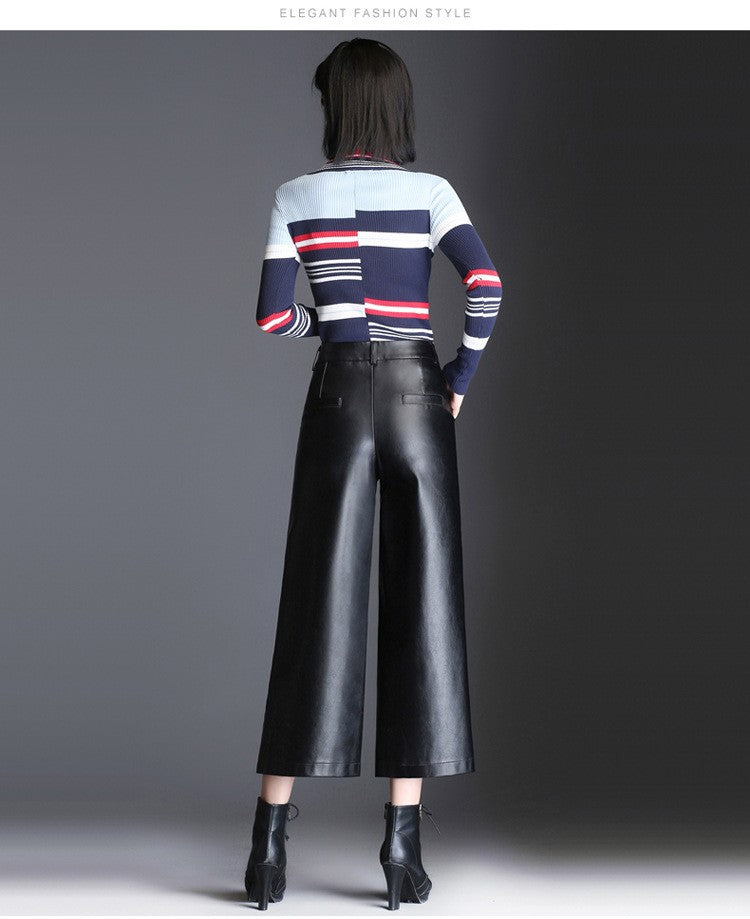 Pu wide leg pants capri women 2022 winter autumn high waist straight leather pants female trousers clothe pantalon femme
