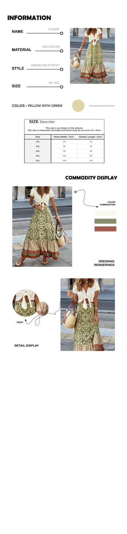 Plus size women's summer yellow and green bohemian irregular pattern polyester fiber large skirt fashion retro random printskirt