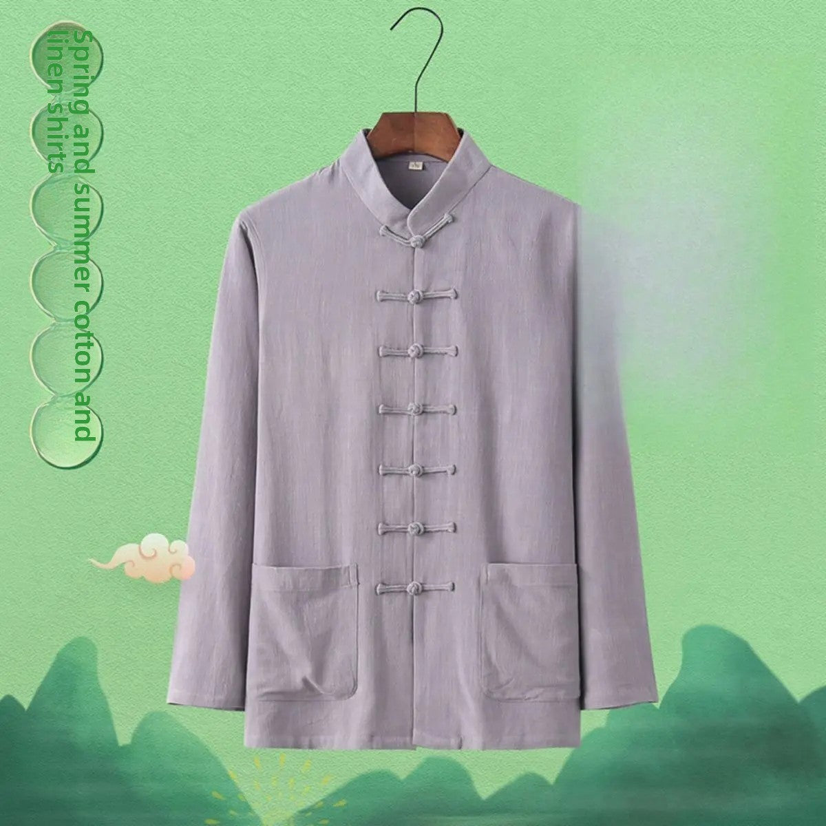 Spring Summer Long Sleeve Thin Men's Shirt Tang Suit Bamboo Cotton Linen Casual Vintage Chinese Style Kung Fu Tai Chi Tea Shirt