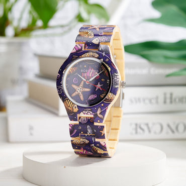 BOBOBIRD Women's Wooden Wristwatch Artistic Ladies Bamboo Quartz Watches Unique Illustration Eco-Friendly Timepieces for Women