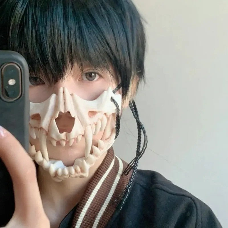 Halloween Skull Mask Long Teeth Demon Skeleton Half Face Cosplay Party Mask Scary Horror Wolf Dragon Tiger Costume Accessory