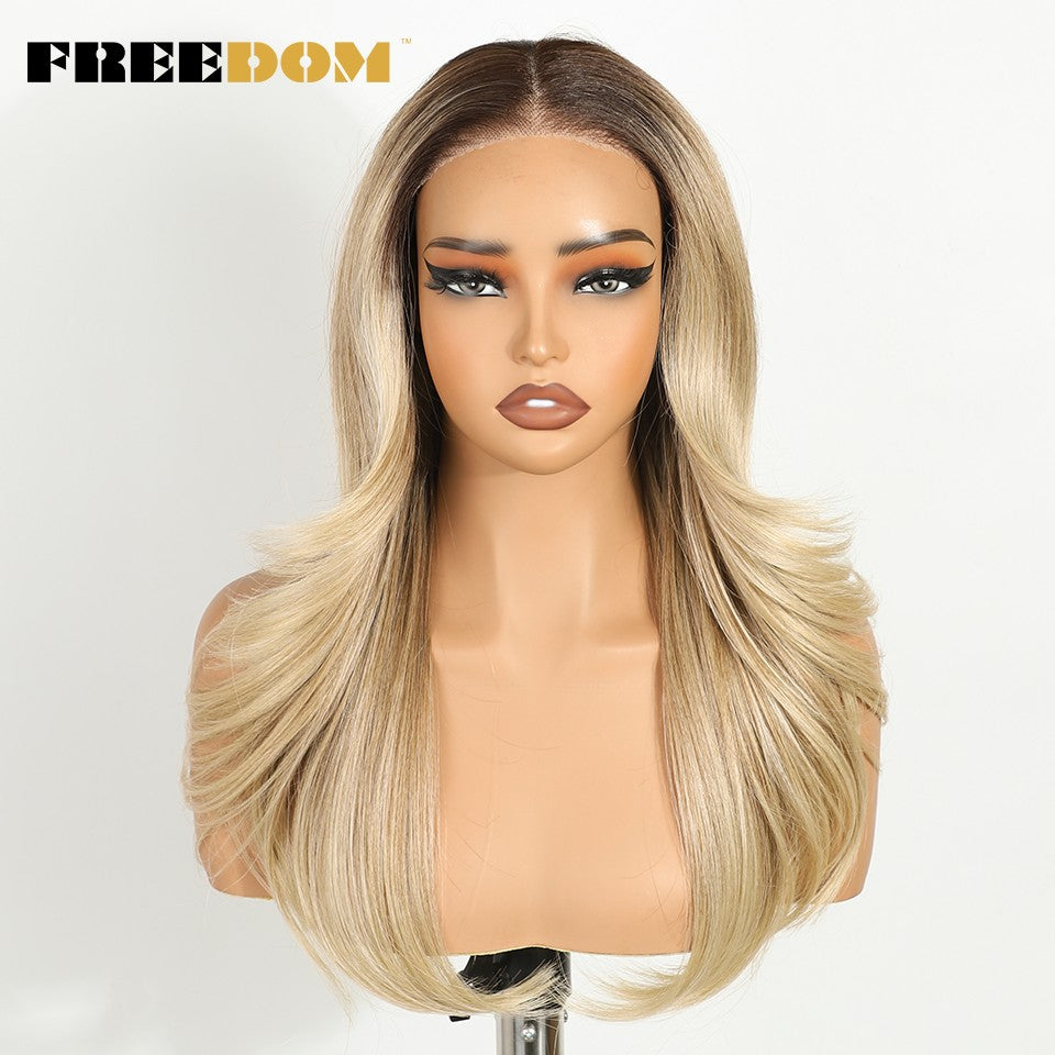 FREEDOM Perucas de Renda Sintéticas Frontais para Mulheres 20 Polegadas Ombré Loira Ondulada em Camadas Peruca 6X4 Pré-aparada Pronta para Usar Perucas de Renda sem Cola