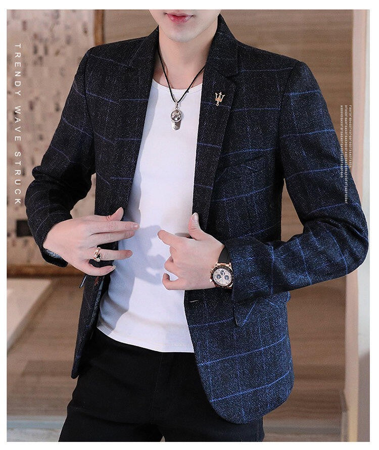 Men's casual plaid suit jacket, fashionable and versatile slim-fitting top, stylish plaid suit
